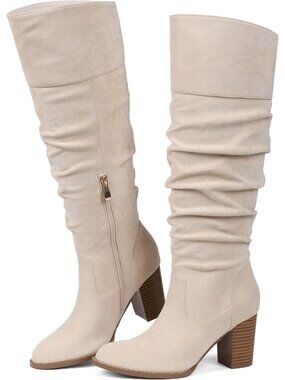 Women's Beige Suede Slouch Knee High Boots Chunky Heel Tall Boots Round Toe